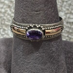 Vintage Sterling Silver Oval Amethyst Ring with Gold Accents